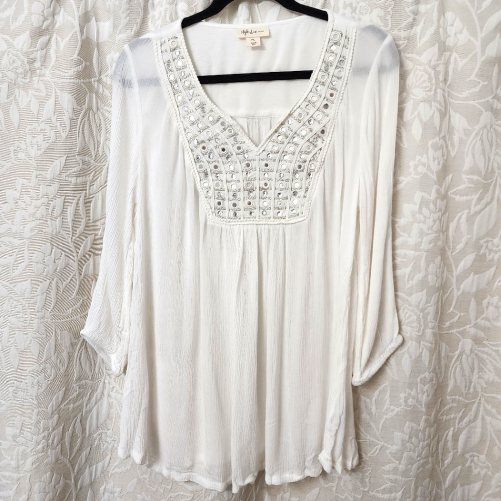 Style & Co. Petite PL ☆ White Relaxed Collar Tunic Blouse.